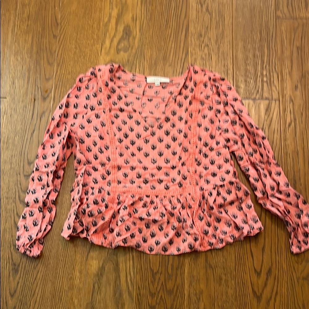LOFT Coral Printed Long-Sleeve Peplum Blouse